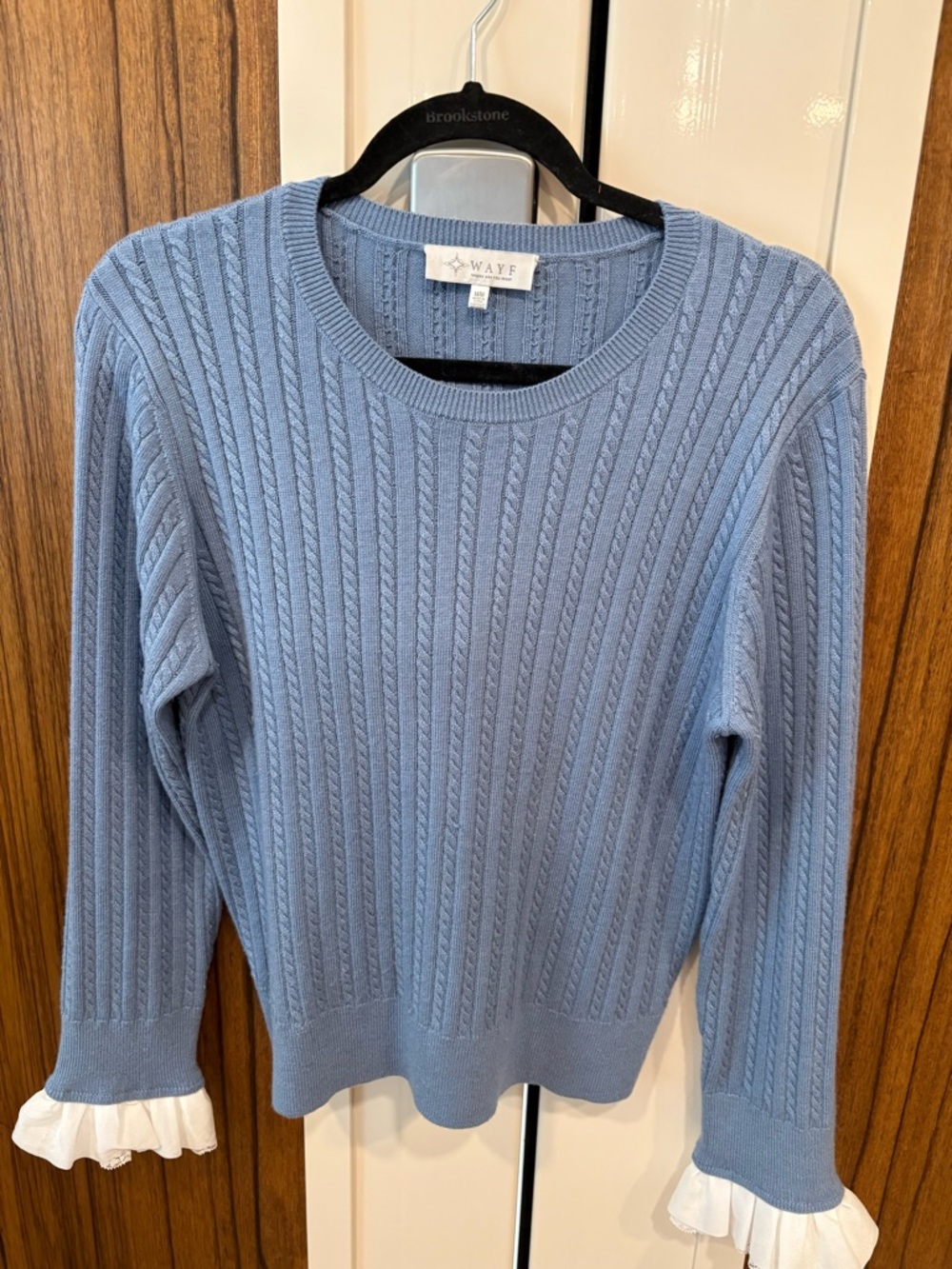 Wayf Light Blue Cable Knit Crew Sweater with White Ruffle Cuffs